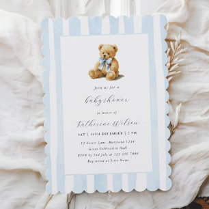 Elegant Blue Stripes Teddy Bear Baby Shower Invitation