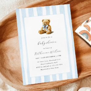Elegant Blue Stripes Teddy Bear Baby Shower  Invitation