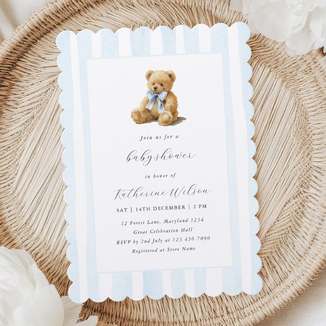 Elegant Blue Stripes Teddy Bear Baby Shower  Invitation (Creator Uploaded)