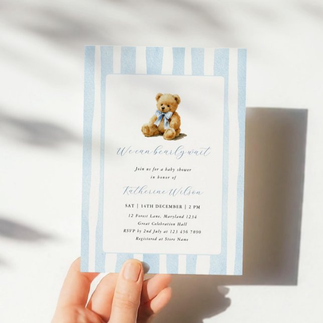 Elegant Blue Stripes Teddy Bear Baby Shower  Invitation (Creator Uploaded)