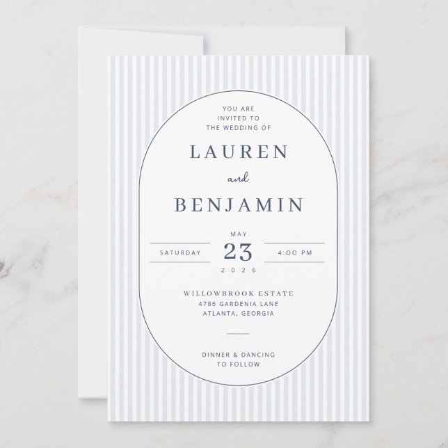 Elegant Blue Stripes Wedding Invitation (Front)