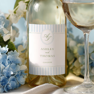 Elegant Blue Stripes Wedding Wine Label