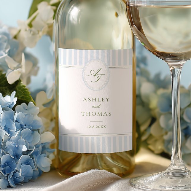 Elegant Blue Stripes Wedding Wine Label (Creator Uploaded)
