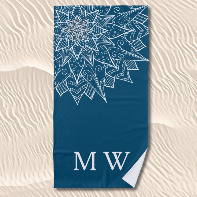 Elegant Blue Summer Floral Monogram Beach Towel (Creator Uploaded)