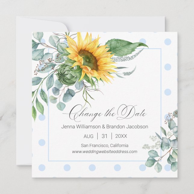 Elegant Blue Sunflower Eucalyptus Change the Date Save The Date (Front)