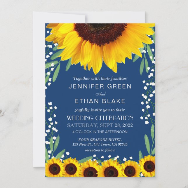 Elegant Blue Sunflower Wedding Invitations (Front)