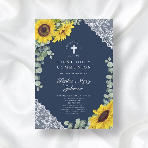 Elegant Blue Sunflowers First Holy Communion Invitation