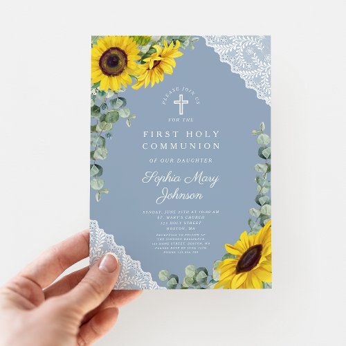 Elegant Blue Sunflowers First Holy Communion Invitation