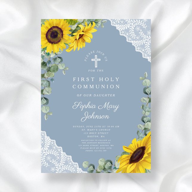 Elegant Blue Sunflowers First Holy Communion Invitation (Elegant Blue Sunflowers First Holy Communion Invitation)