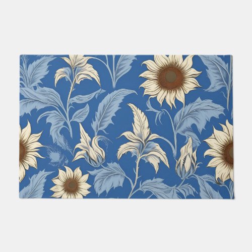 Elegant blue sunflowers vintage doormat