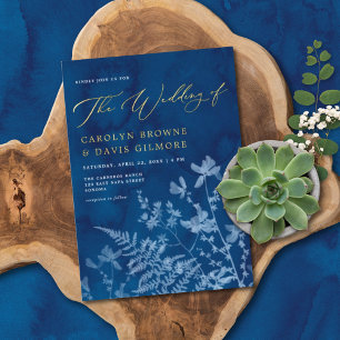 Elegant Blue Sunprint Boho Botanical Wedding Gold Foil Invitation