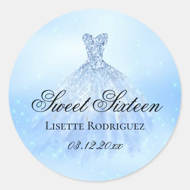 Elegant Blue Sweet 16 Birthday Party Classic Round Sticker | Zazzle