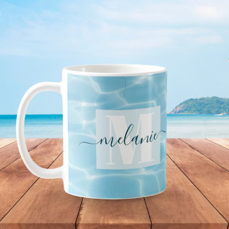 Elegant Blue Swimming Monogram Script Coffee Mug