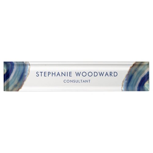 Elegant Blue Tan Agate Geode Desk Name Plate