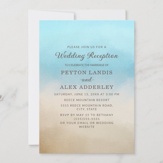 Elegant Blue Tan Beach Ocean Wedding Reception Invitation (Front)