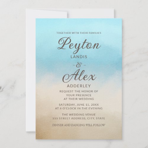 Elegant Blue Tan Watercolor Beach Ocean Inspired  Invitation