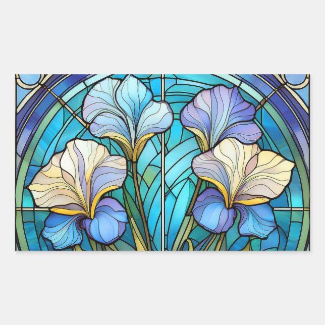Elegant Blue Teal Floral Art Nouveau Stained Glass Rectangular Sticker (Front)