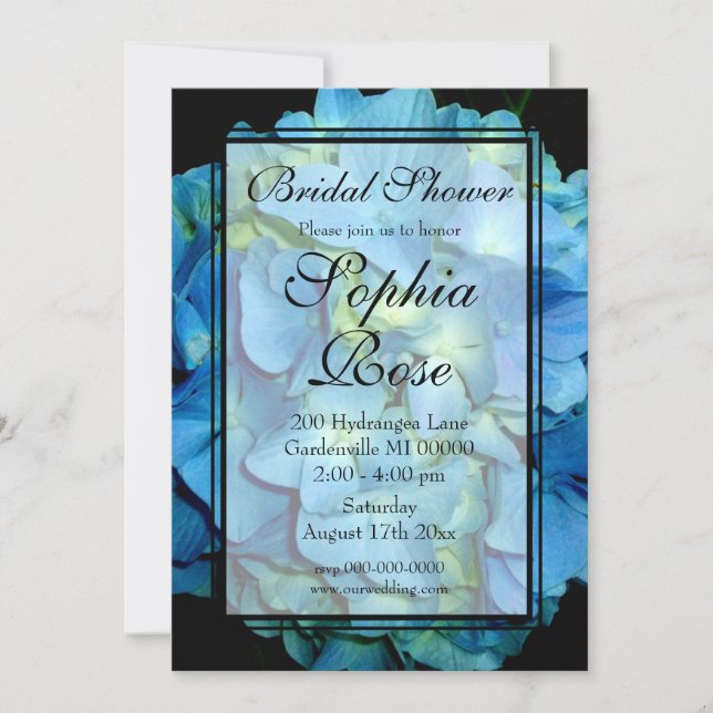 Elegant blue teal floral hydrangeas blue roses invitation (Front)