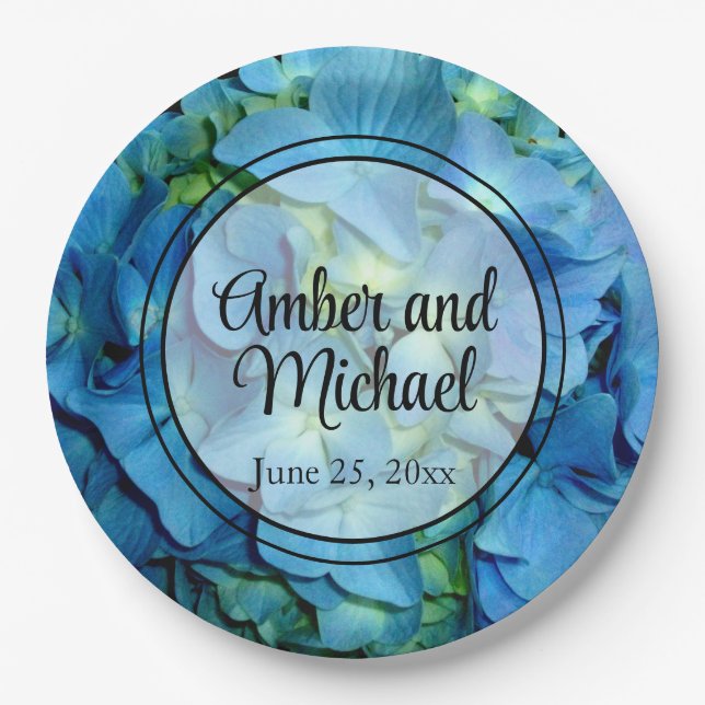 Elegant blue teal floral hydrangeas blue roses paper plates (Front)