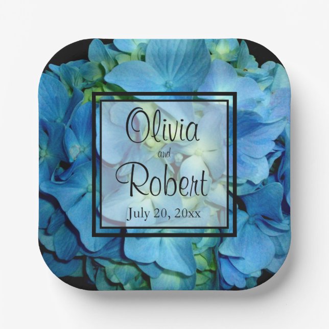 Elegant blue teal floral hydrangeas blue roses paper plates (Front)