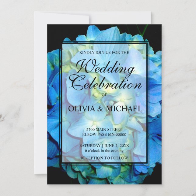 Elegant blue teal floral hydrangeas roses Wedding Invitation (Front)