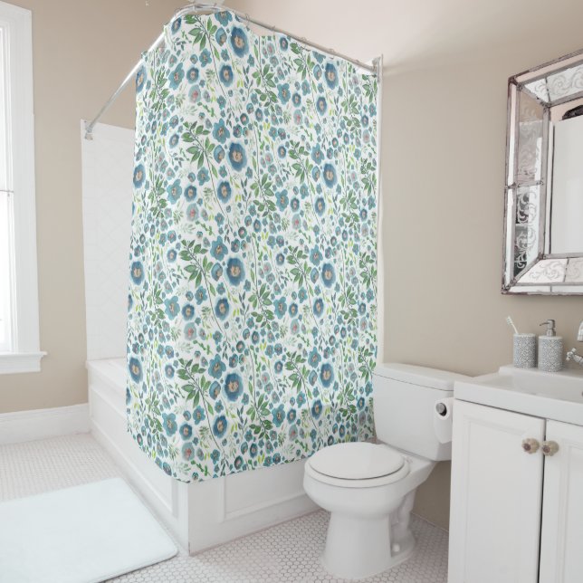 Elegant Blue Teal Floral Watercolor Pattern Shower Curtain (In Situ)
