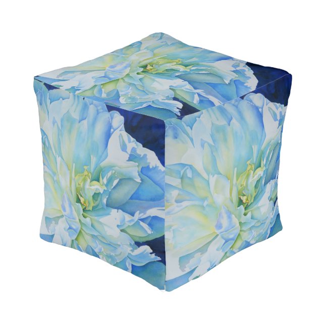 Elegant blue teal floral watercolor  pouf (Angled Front)