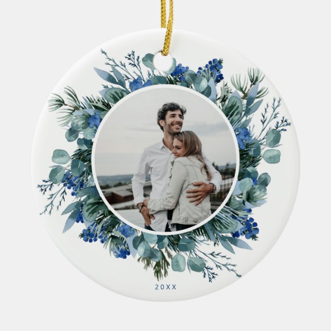 Elegant Blue Teal Floral Wreath Photo Ceramic Ornament (Front)