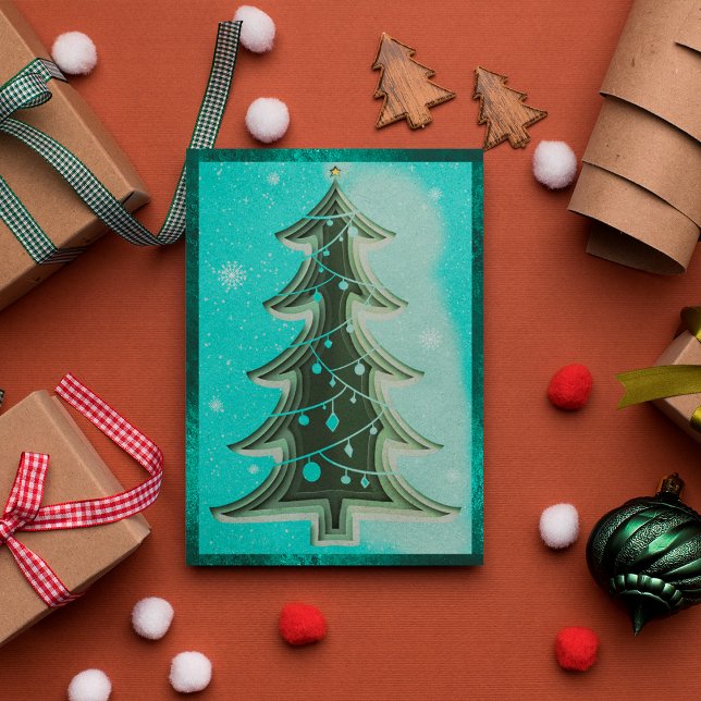 Elegant Blue Teal Glitter Papercut Christmas Tree Holiday Card (Front)