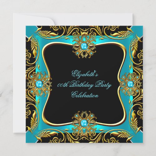 Elegant Blue Teal Gold Jewel Black Birthday Party Invitation