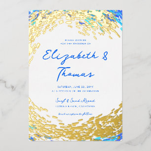 Elegant Blue Teal Gold Surfer Wave Beach Wedding Foil Invitation