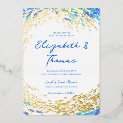 Elegant Blue Teal Gold Surfer Wave Beach Wedding Foil Invitation