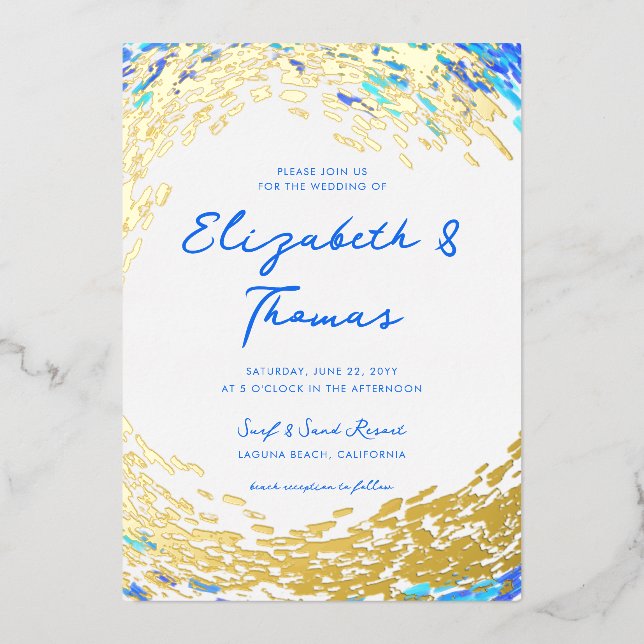 Elegant Blue Teal Gold Surfer Wave Beach Wedding Foil Invitation (Front)