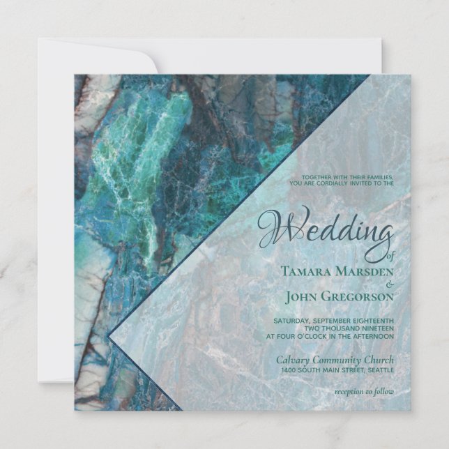 Elegant Blue Teal Green Marble Geometric Wedding Invitation (Front)