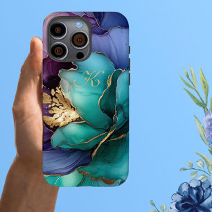 Elegant Blue Teal Lilac Gold Flowers Monogram iPhone 16 Pro Max Case
