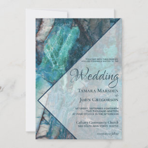 Elegant Blue Teal Marble Geometric Wedding Invitation