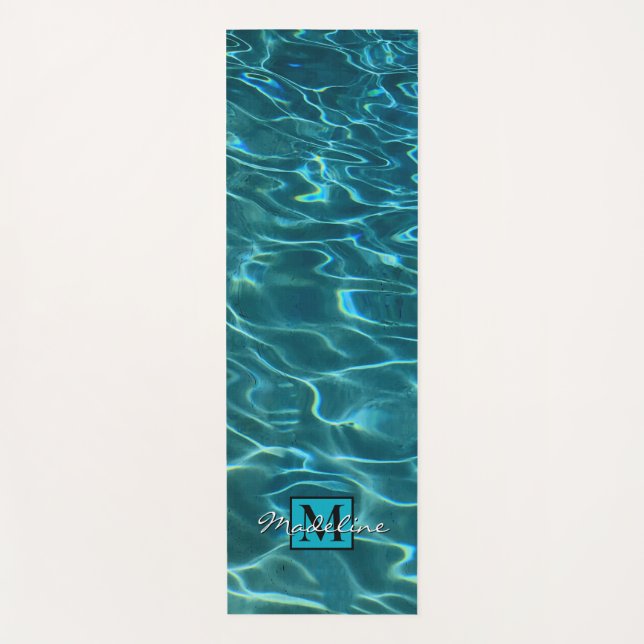 Elegant blue teal water pattern monogram yoga mat (Front)
