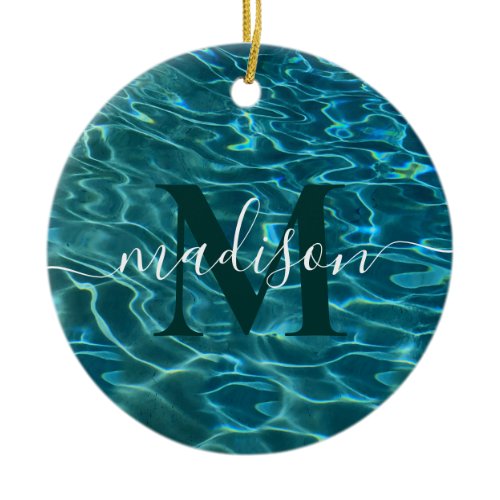 Elegant blue teal water pattern ocean lake waves  ceramic ornament