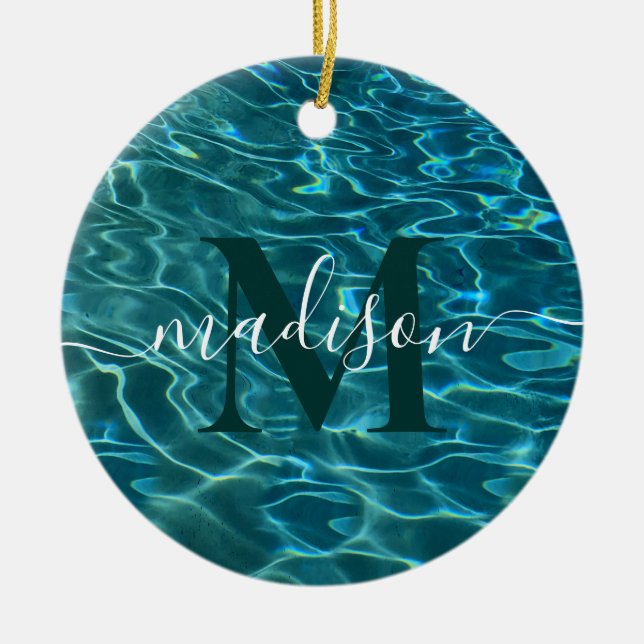 Elegant blue teal water pattern ocean lake waves  ceramic ornament (Front)