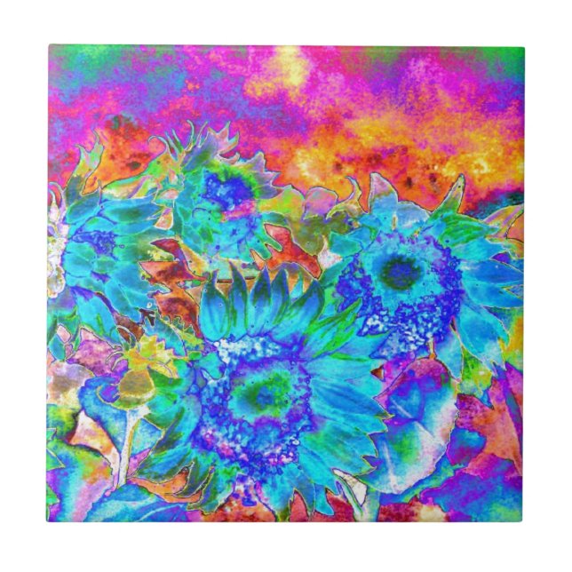 Elegant blue teal watercolor sunflowers floral ceramic tile (Front)