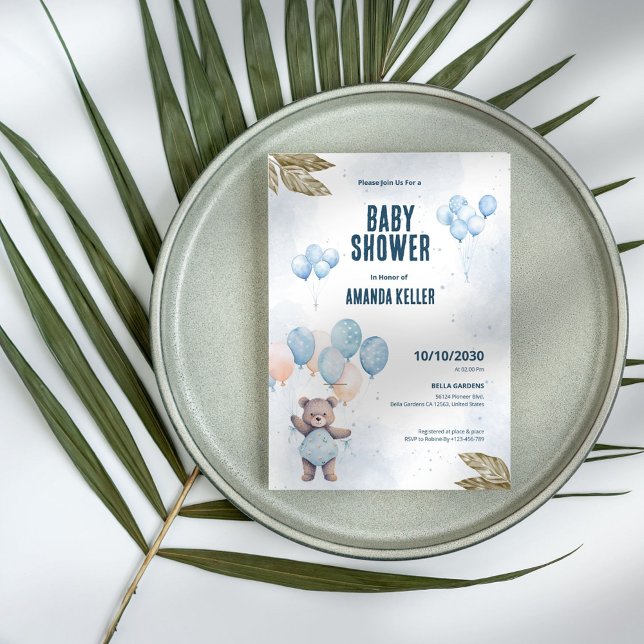 Elegant Blue Teddy Bear Baby Shower Invitation (Creator Uploaded)