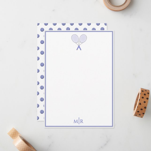 Elegant Blue Tennis Polka dot  Monogram Set Note Card (Front/Back In Situ)