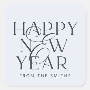 Elegant blue text Happy New Year custom design Square Sticker