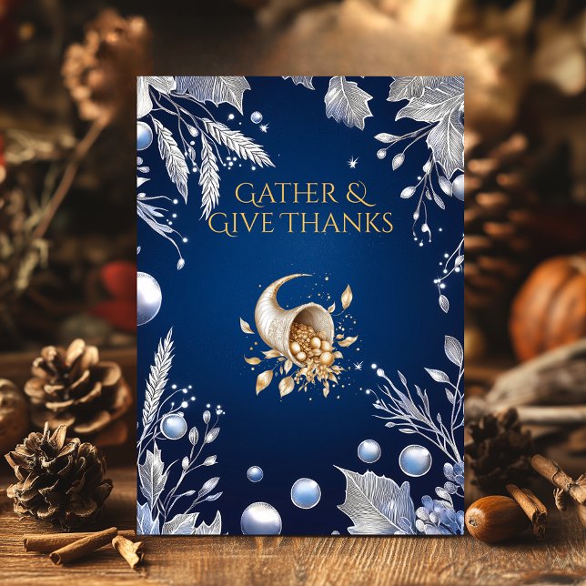 Elegant Blue Thanksgiving with Cornucopia & Silver Invitation (Creator Uploaded)