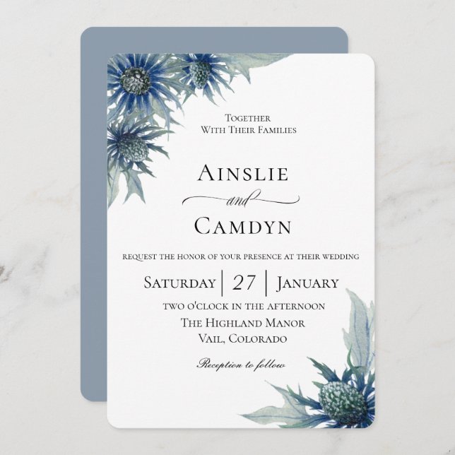 Elegant Blue Thistle Botanical Wedding Invitation (Front/Back)