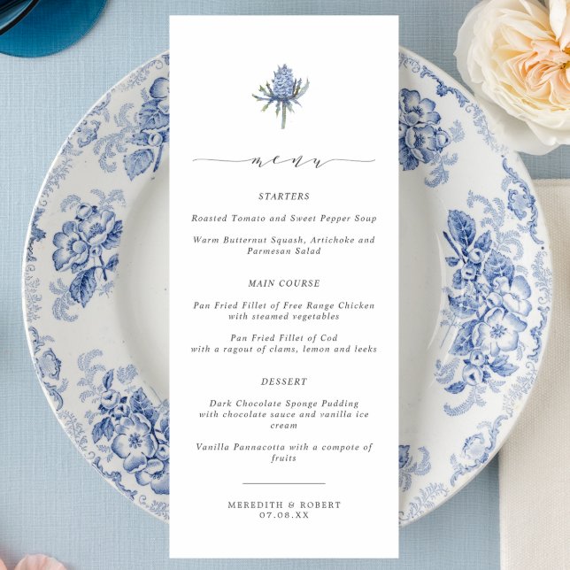 Elegant Blue Thistle Script Wedding Menu (Creator Uploaded)