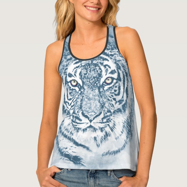Elegant blue tiger print for her white tank top (Front)