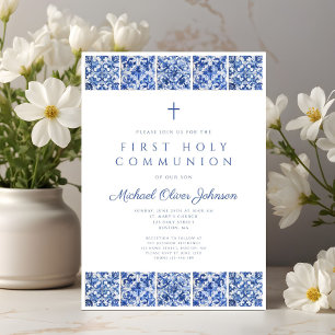Elegant Blue Tiles Boy First Communion Invitation