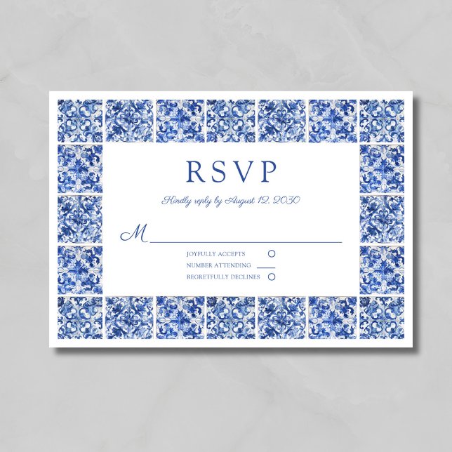 Elegant Blue Tiles Wedding RSVP Card (Elegant Blue Tiles Wedding RSVP Card)