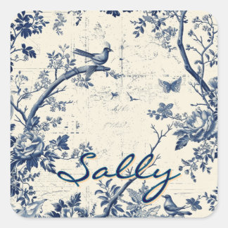 Elegant Blue Toile Bird Floral Pattern Square Sticker
